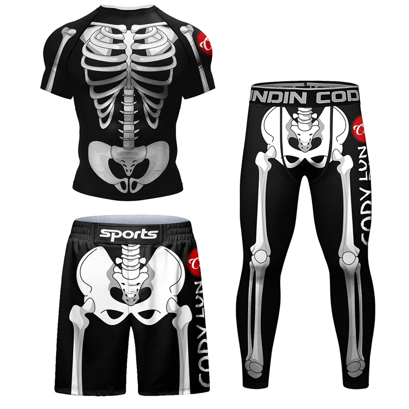 Skull Mma Compression T Shirts + Pants Rashguard Men Boxing Fightwear Thai MMA Kickboxing Shorts Grappling Dummy bjj Sport Shirts