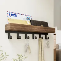 Rustic Wooden Floating Shelf with 6 Hooks Shower Caddy and Key Holder Nordic Style Storage Organizer for Home Bedroom Bathroom 3