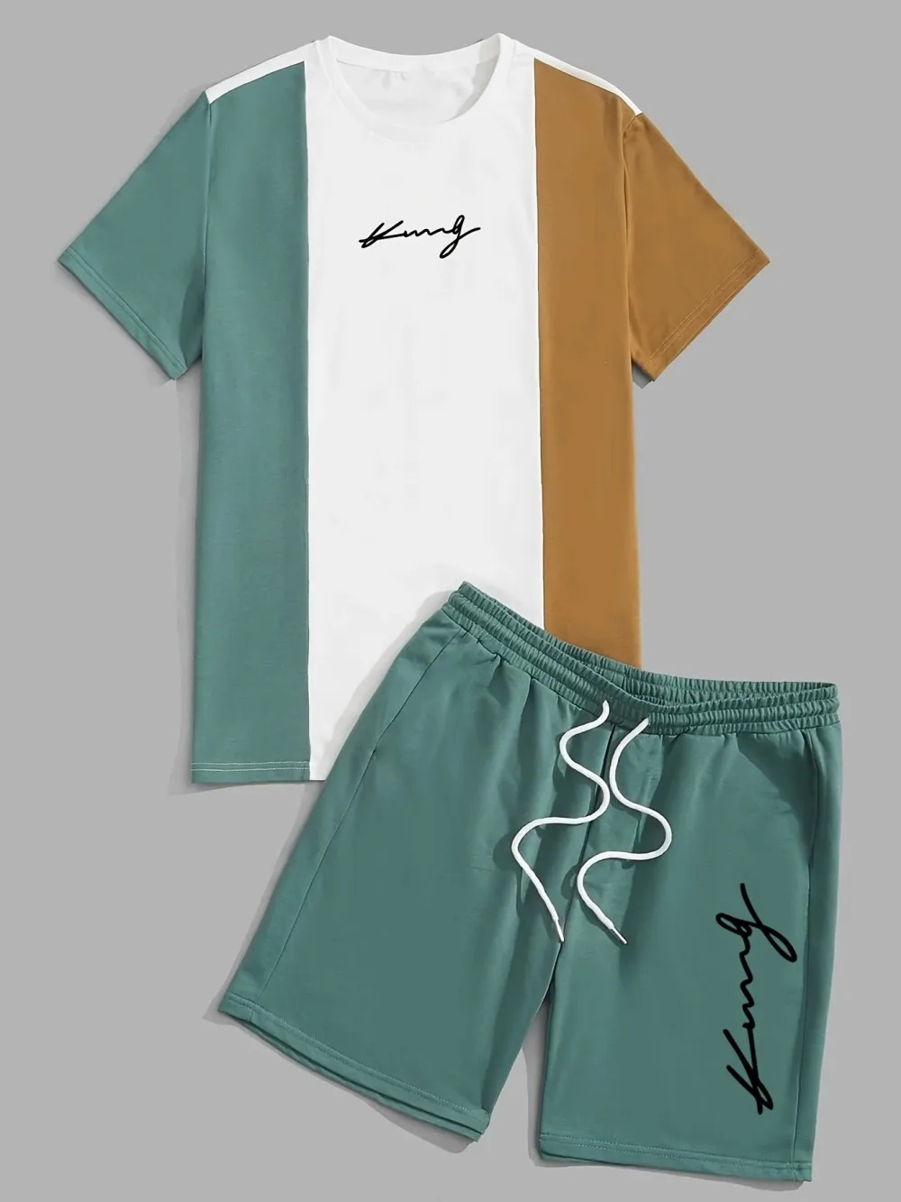 Hot selling summer new men's spliced letter printed breathable round neck T-shirt shorts set outdoor urban casual clothing