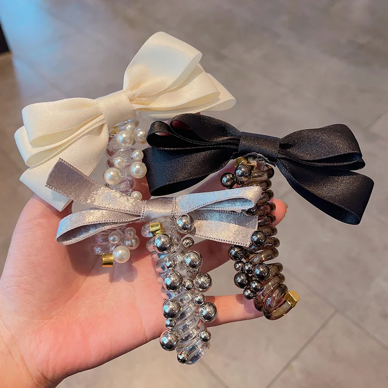 Children's Silver Bow Hair Band Girls Beads Phone Line Headband Ponytail Girl Bubble Braid Hair Artifact