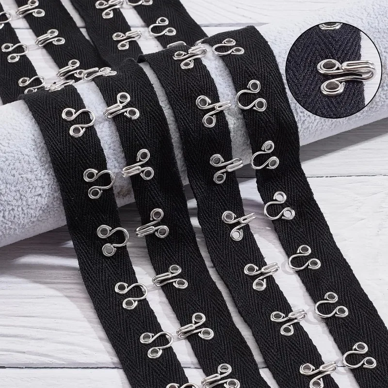 Hook and Eye Tape 3 Yards 1" Wide Black Cotton Tape Ribbon Silver Metal Edging for Corset Bra Sewing Quilting Bridal