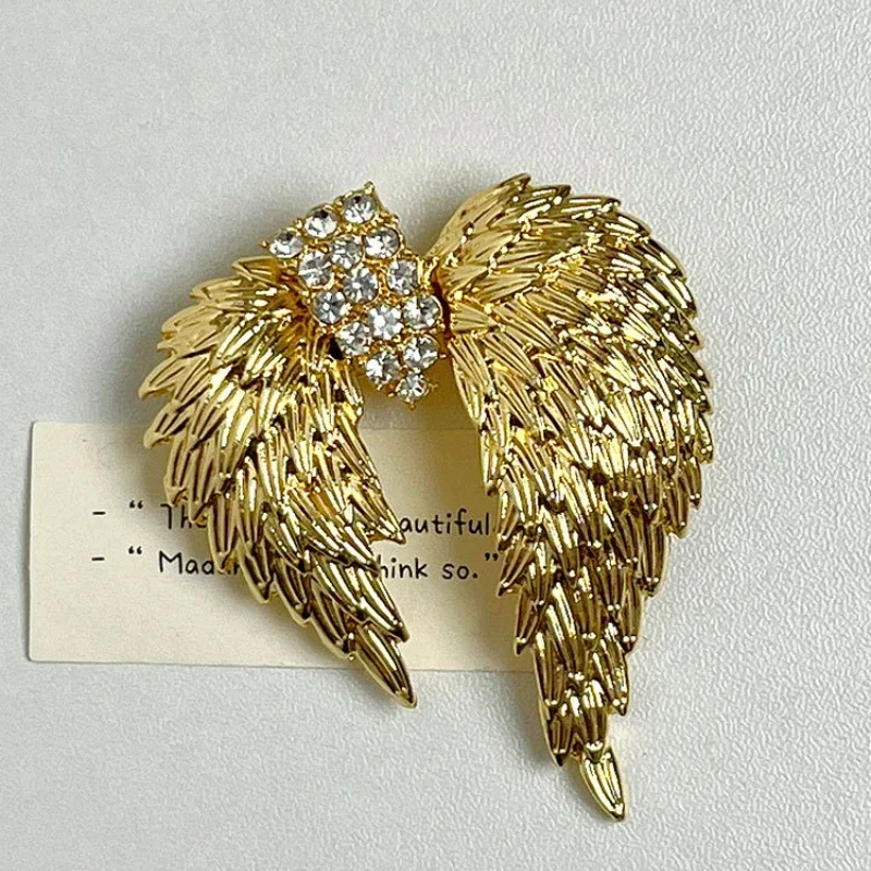 

Niche design Golden wing feather open ring Luxury Deluxe rhinestone ring Corsage pin women's banquet accessory