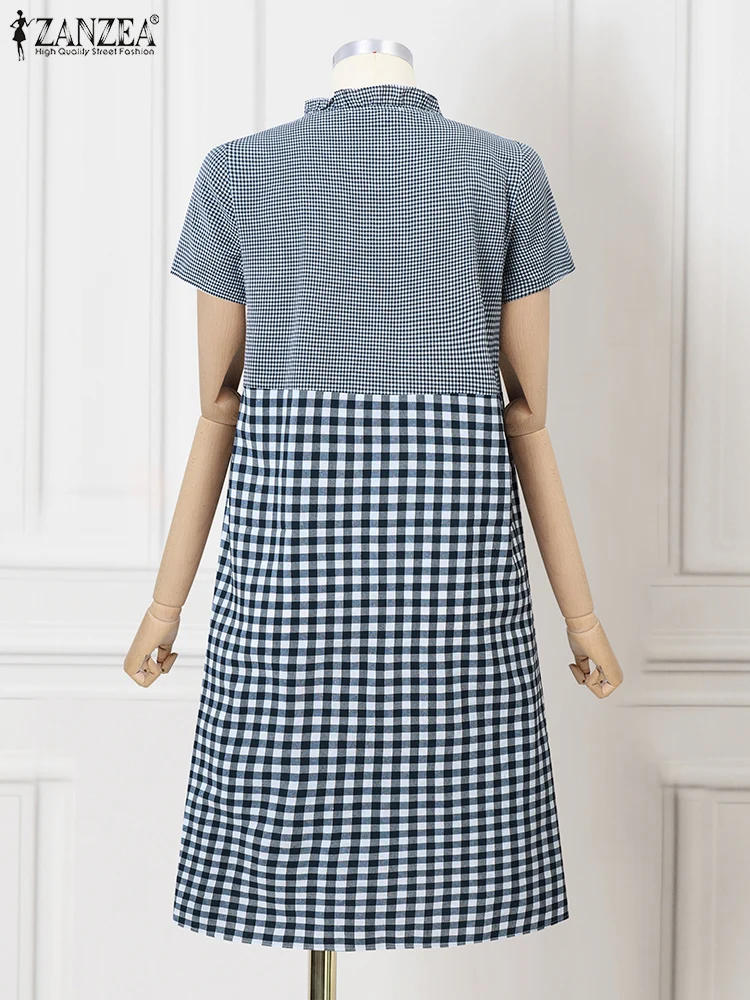 Women Sundress ZANZEA 2025 Summer Casual Loose Short Sleeve Robe Fashion Plaid Long Dress Holiday Pleating Stitching Shirt Dress 5