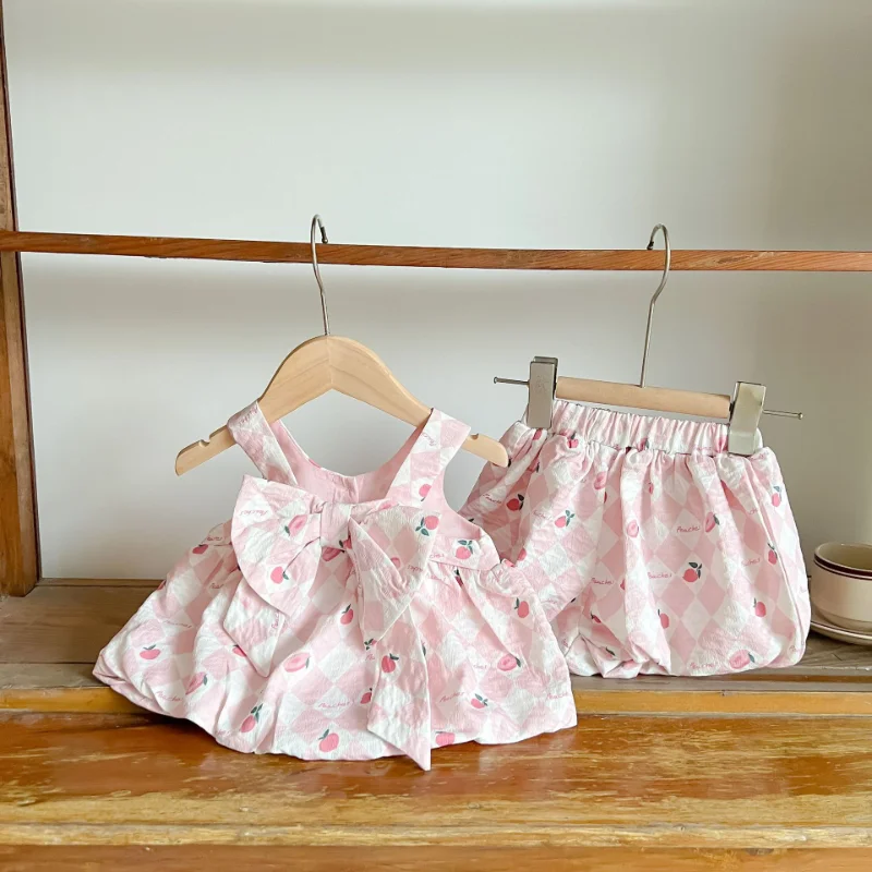 

2023 Summer Baby Clothes Set Infant Bow sling Blouses and Flower Bloomer 2PCS Suit Girls Outfit