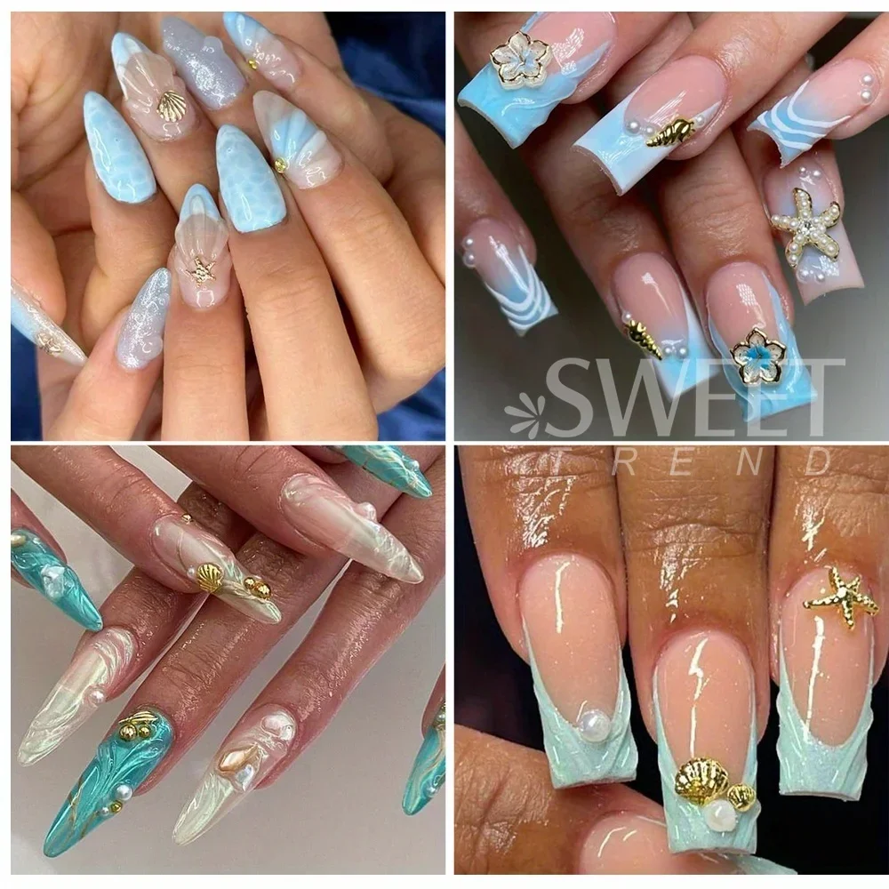 12 Grid Metal Rivet Summer Ocean Nail Jewelry Gold Silver Starfish Shell Conch shape DIY Nail Charm Parts Decoration Accessories