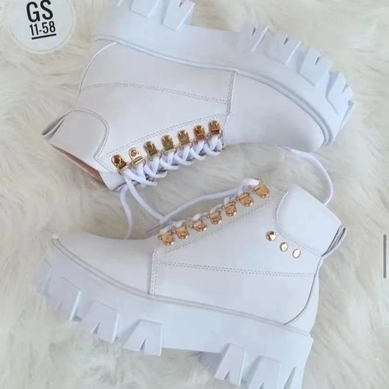 Thick-soled Boots Women's Short Boots Autumn and Winter New Heel Lace Retro Motorcycle Boots Woman Fashion Sneakers Ladies Shoes