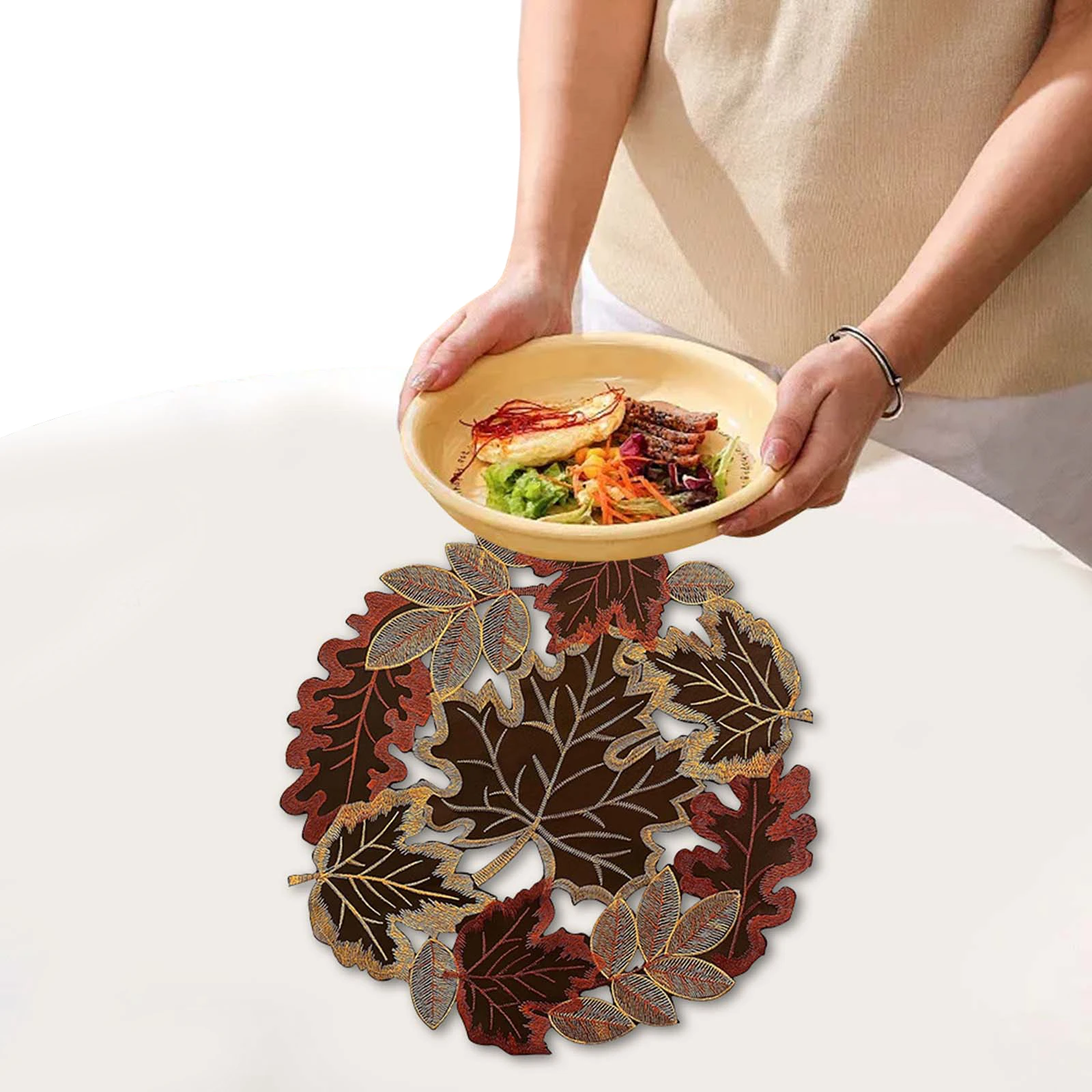 Maple Leaf Pattern Table Mat W/ Lace Autumn Maple Leaf Hollow Embroidery Table Runner for Home Party Kitchen Dining Decor