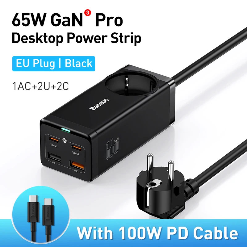 thumbnail image 1 of Baseus 65W GaN Cargador Regleta 4 puertos Adaptador de escritorio Estación de carga rápida para iPhone 16 15 14 13 Pro Max Xiaomi Samsung, 1 of 5
