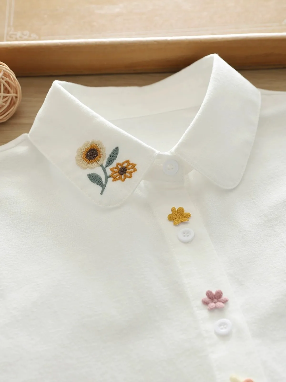 Pure Cotton Long-Sleeve Shirt for Women, New Spring and Autumn Style, Versatile, Artistic Sunflower Embroidery, 3D Cute Rabbit Shirt, Student Casual Layered Top 5