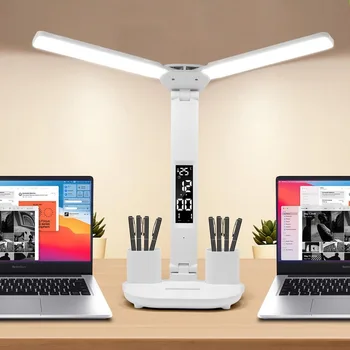 LED horloge lampe de Table USB rechargeable tactile lampes de bureau 2 têtes 180 rotation pliable Protection des yeux bureau lecture veilleuses 1
