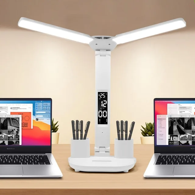 LED horloge lampe de Table USB rechargeable tactile lampes de bureau 2 têtes 180 rotation pliable Protection des yeux bureau lecture veilleuses 1