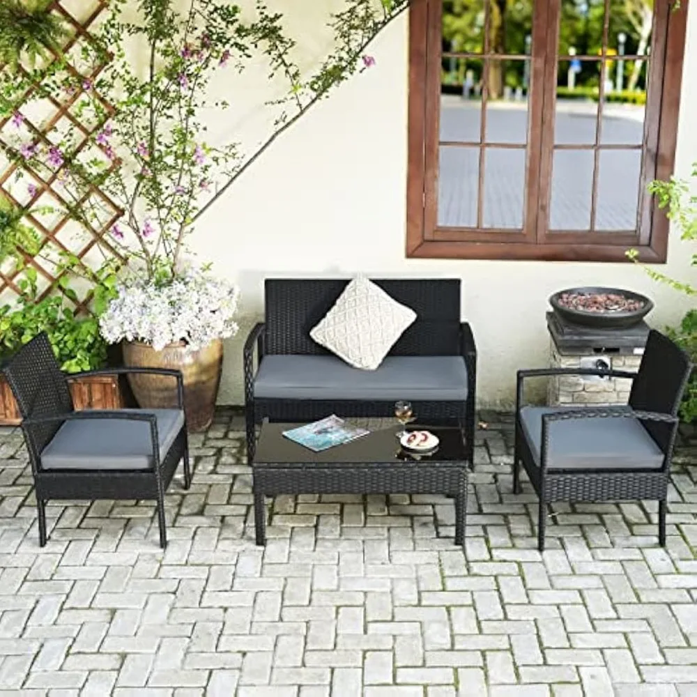 4PCS Patio Rattan Furniture Set, Outdoor Wicker Conversation Set with Tempered Glass Coffee Table, Seat Cushions 3
