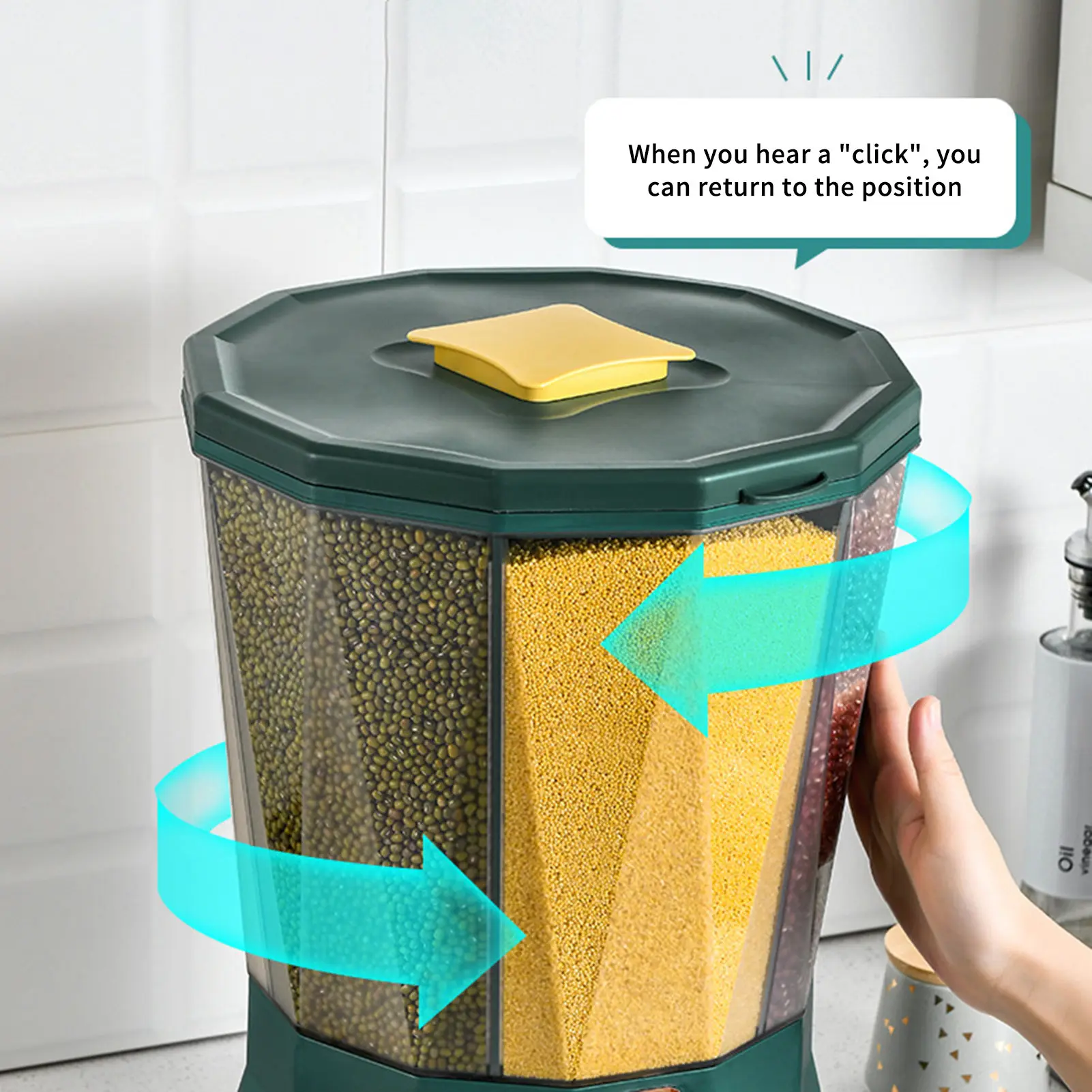 4 Grid Rice Dispenser Cereal Storage Container With Large Dry Food Container, Transparent 4 Compartments And Candy Rotating Base