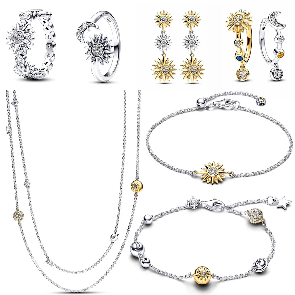 

New 925 Sterling Silver pan Sparkling Sun Moon Ring Earrings Two Colors Chain Bracelets Fit Women Jewelry Set Gift