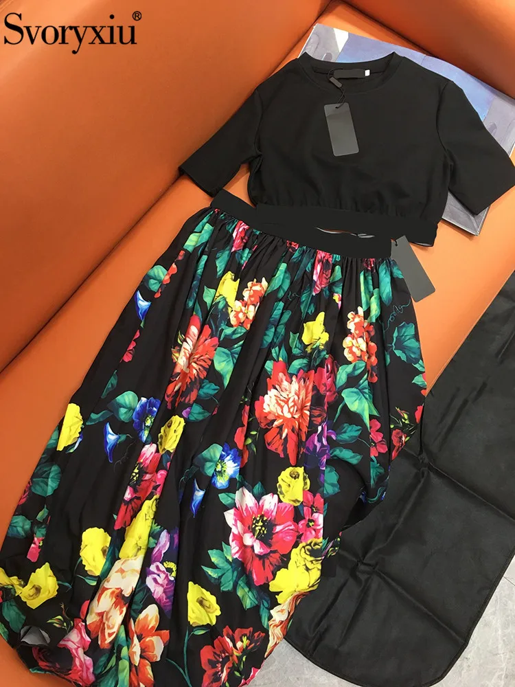 

Svoryxiu Fashion Summer Vintage Gorgeous Flower Print Skirt Suit Women's Short Sleeve T-shirt Tops+Elastic Waist Slim Half Skirt