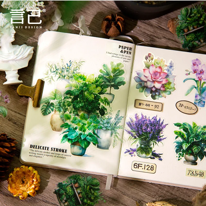 Pegatinas de plantas y flores verdes de 30 piezas, etiquetas decorativas estéticas, álbum de diario, suministros de diario de chatarra hechos a mano