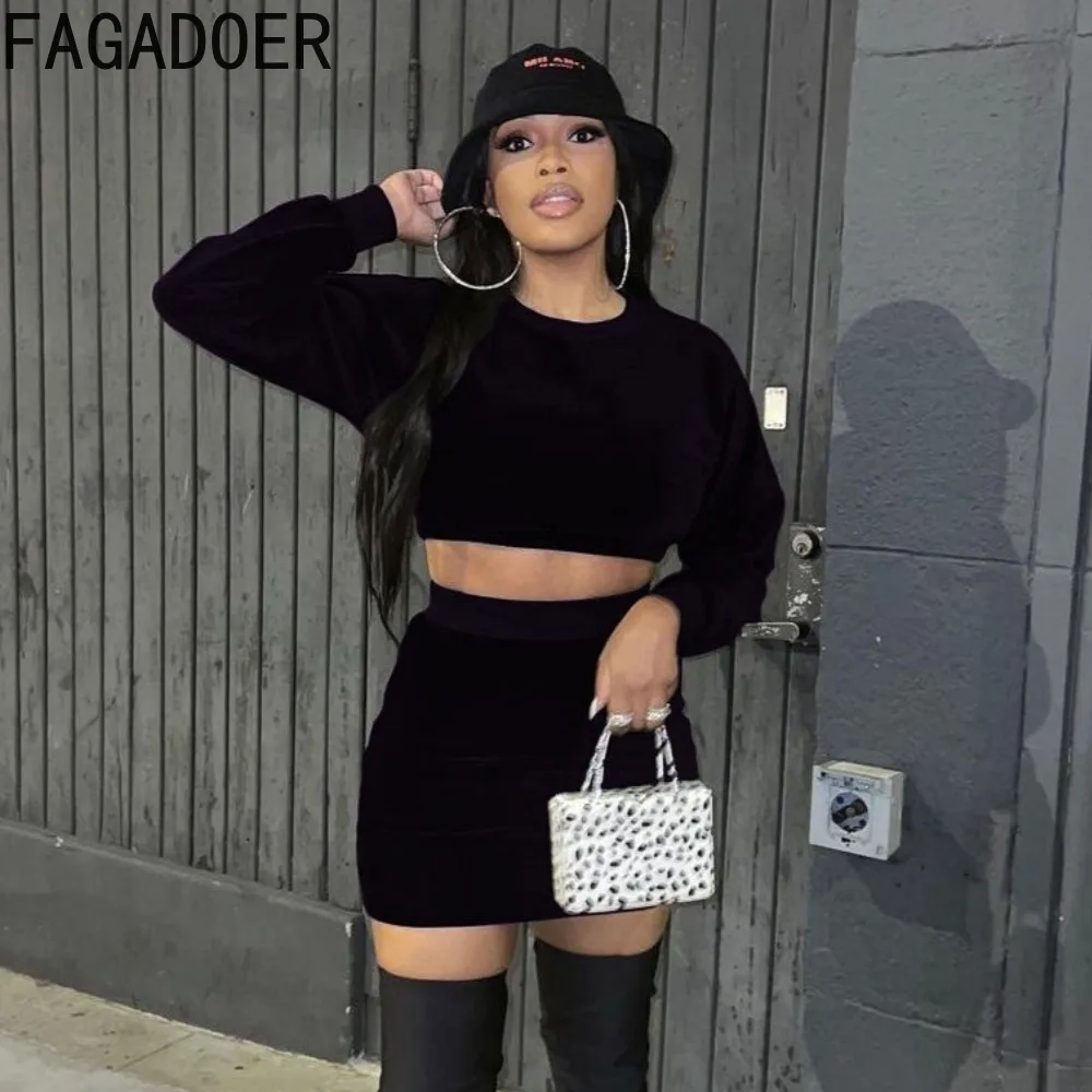 FAGADOER Velvet Women's 2 Piece Skirt Sets Long Sleeve Crop Tops High Waist Stretchy Mini Skirts Outfits Y2k Casual Streetwear