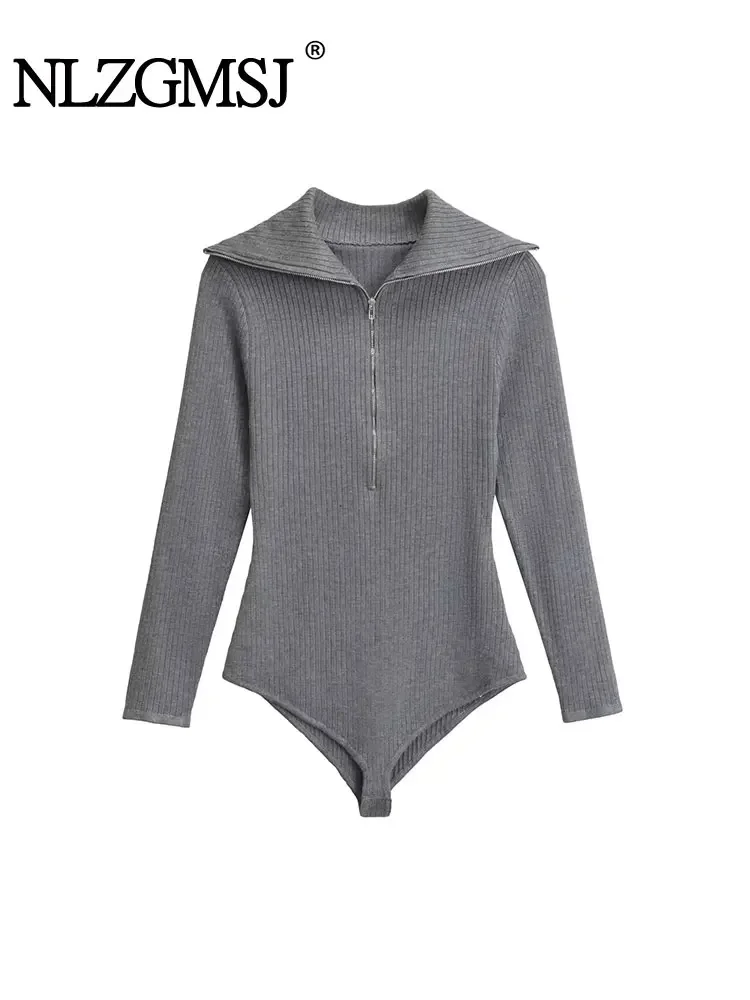 

Nlzgmsj TRAF 2024 Long Sleeve Turn-down Collar Gray Knitted Bodysuit Women Spring Autumn Jumpsuit Women Top