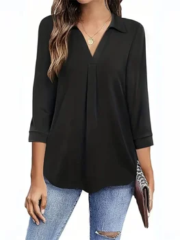 Ladies' spring and summer style shirt, ladies' casual style, loose V-neck, three-quarter sleeve, pure color loose top, DF5012 1