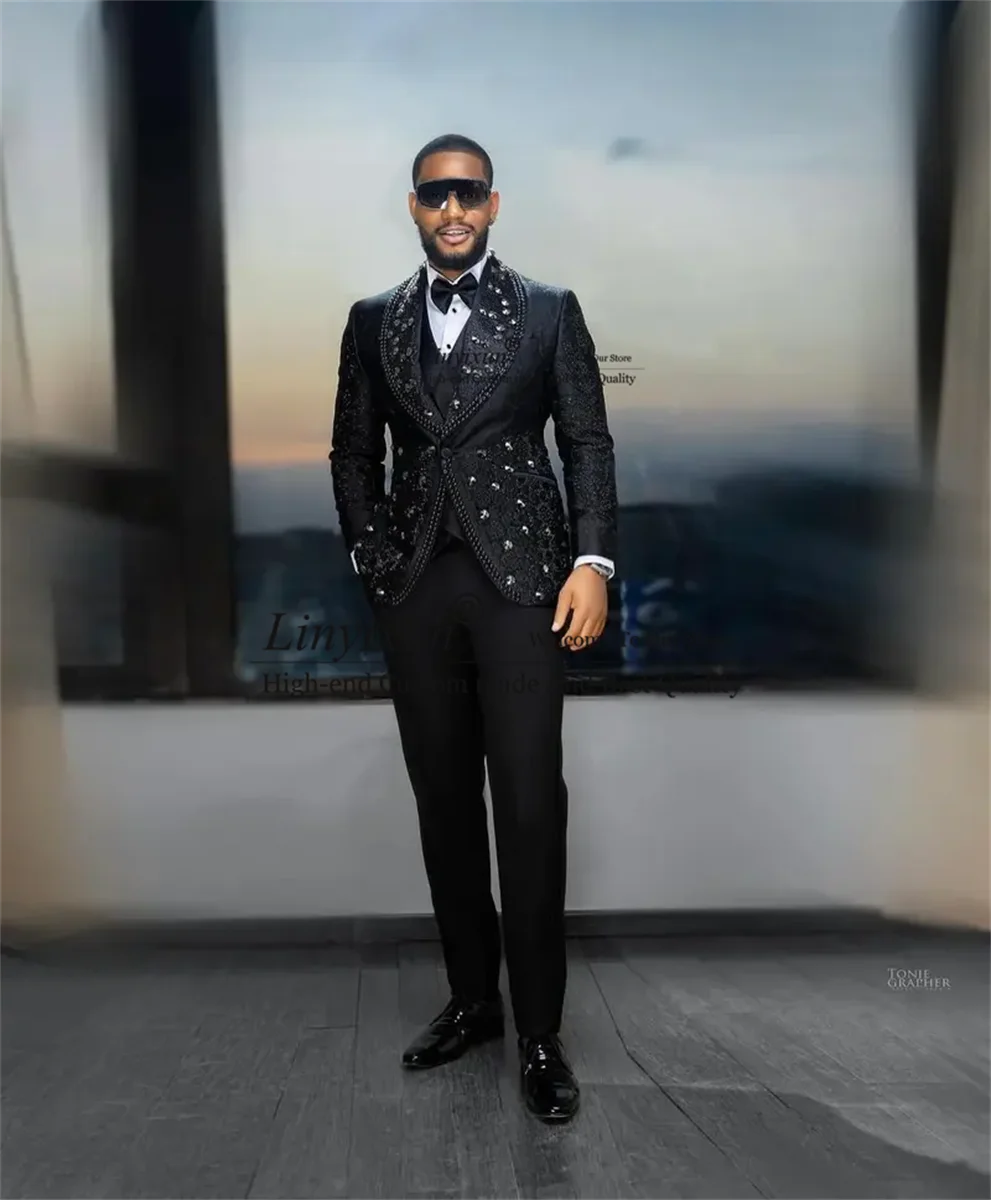 Elegance Jacquard Beaded Crystals Men Suits 3 Pieces Groom Wedding Tuxedos Male Prom Party Blazers Formal Customized Costume 2