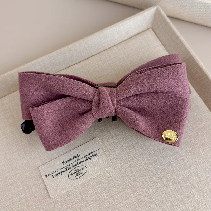 Anspruchsvoller doppelseitiger Tweed-Bananenclip mit Schleife für Herbst/Winter und goldenem Etikett, vertikaler Clip, Pferdeschwanz-Haar-Accessoire – Detail 10