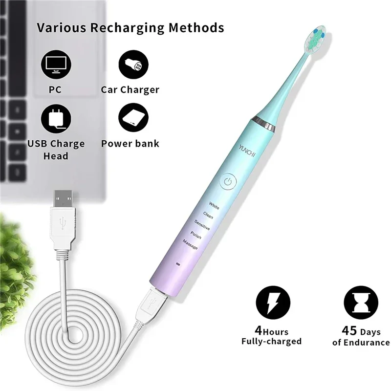 USB 충전식 소닉 전동 칫솔 Y7, IPX7 방수, 5 가지 모드, 스마트 타이머, 부드러운 강모 브러시 헤드, 성인 여행 상자