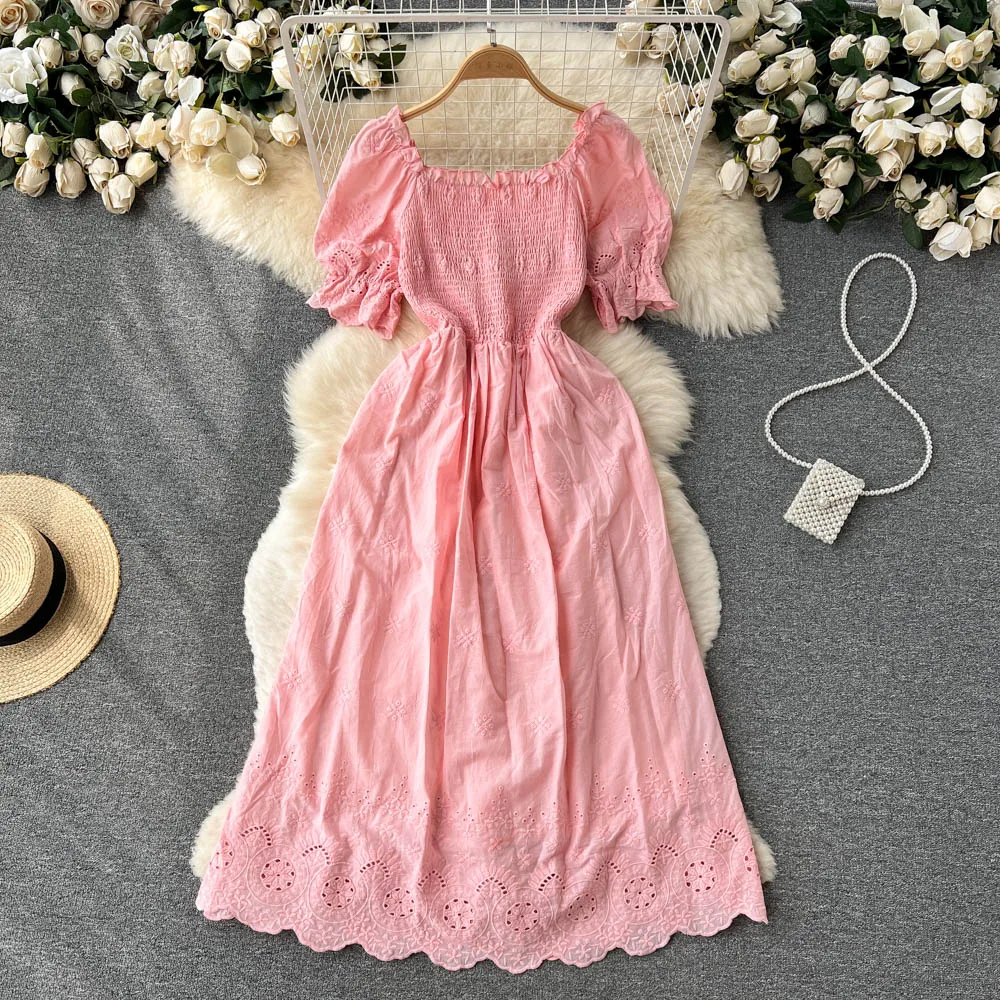 

French tea break solid color dress women's summer new temperament retro thin and fresh first love dress