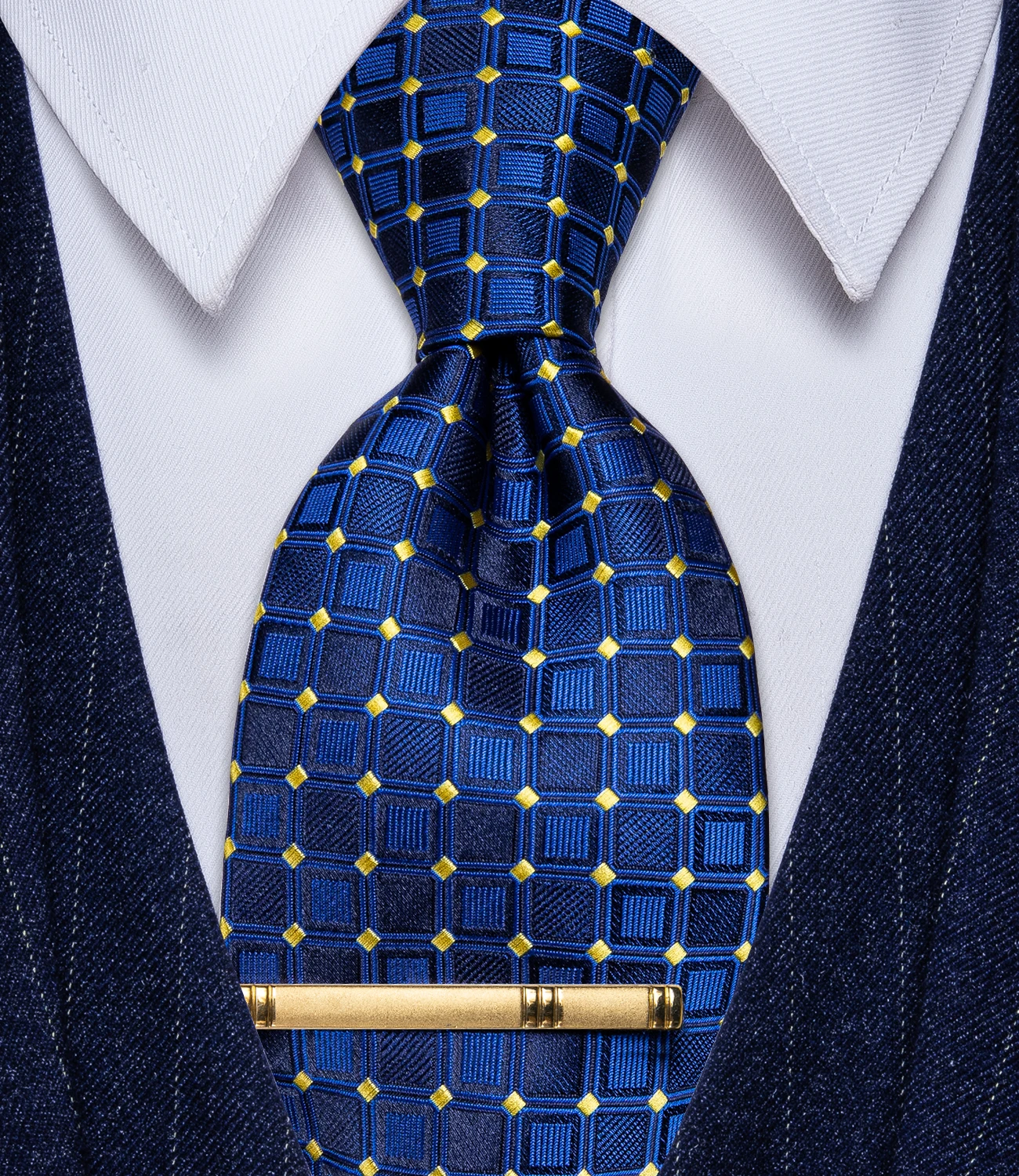 Retro Blue Plaid with Yellow Dots Men's Tie for Man Wedding Party Business Suit Accessories Classic Necktie with Clip Set Gift