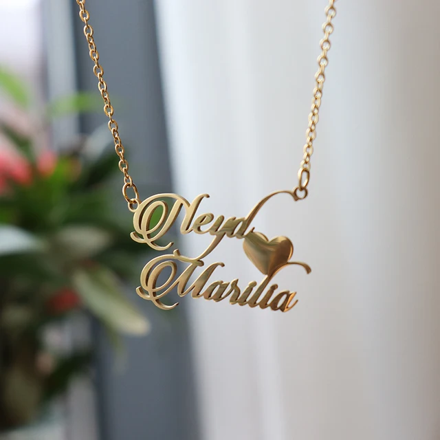 Personalized Two Name Necklaces With Heart Stainless Steel Custom Letter Couple Necklace Choker  Stainless Steel Wedding Gift 2