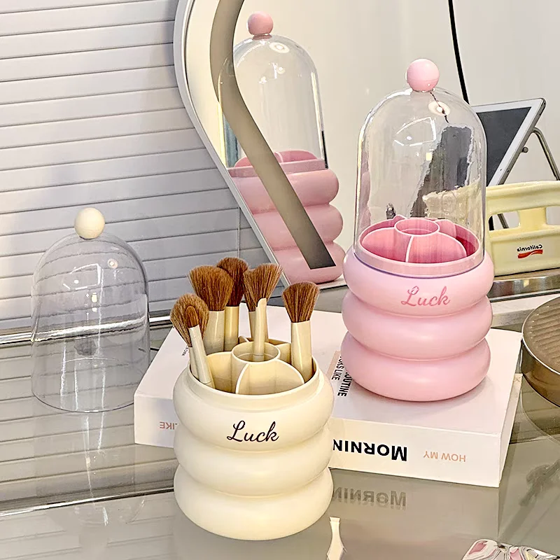 Rotating Makeup Brushes Holder with Lid Dustproof Cosmetic Storage Box for Brushes,Lipstick,Eyebrow Pencil Desktop Vanity Holder 4