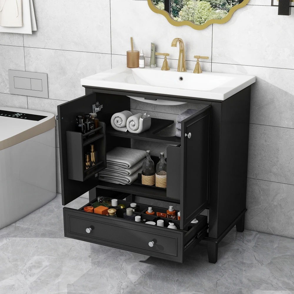 30" Bathroom Vanity with Sink Combo, Multi-functional Bathroom Cabinet with Doors and Drawer, Solid Frame and MDF Board, Black 2