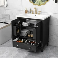 30" Bathroom Vanity with Sink Combo, Multi-functional Bathroom Cabinet with Doors and Drawer, Solid Frame and MDF Board, Black 2