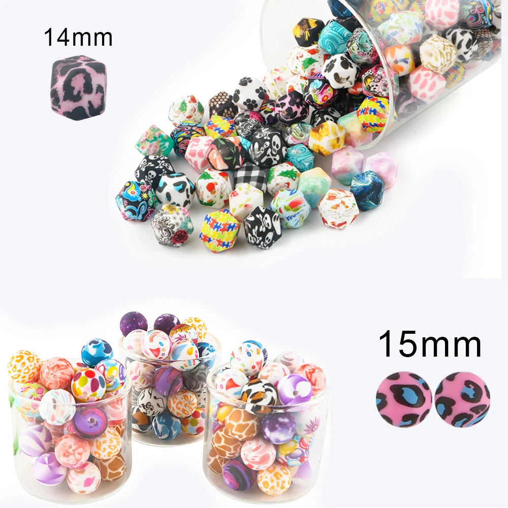 

10Pcs Round Printed Silicone Beads Hexagon Leopard Print Silicone Beads For Jewelry Making DIY Jewelry Accessories