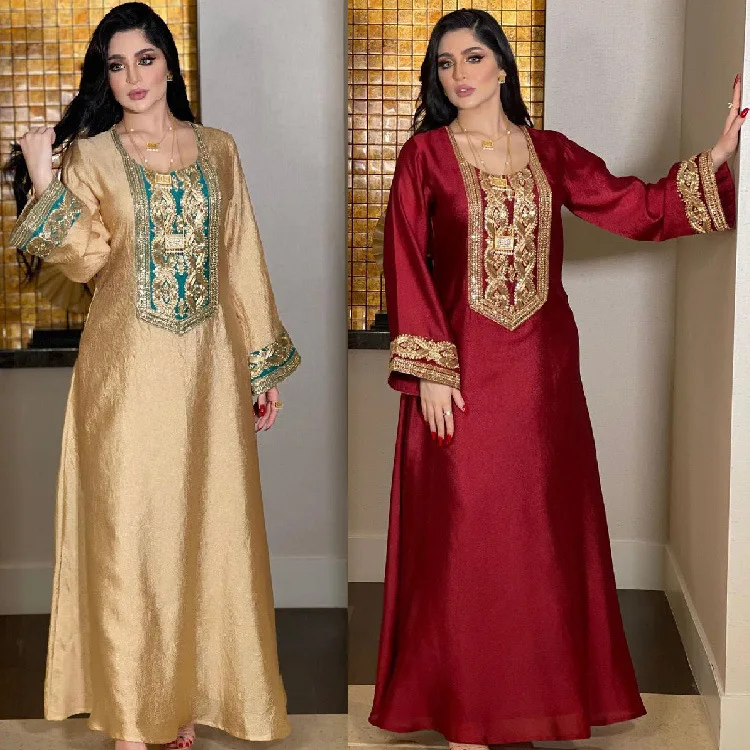 

Gold Silk Sequined Dress Robe Women Jalabiya Dubai Arab Elegant Dress Long Loose Summer Spring Maxi Abaya