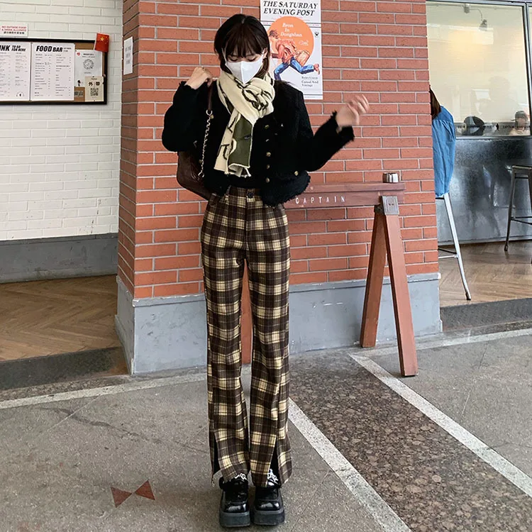 slacks Spring Vintage Pants Women High Waist Plaid Pattern Printed Button Flare Pants Summer 2022 New Fashion cargo pants for women