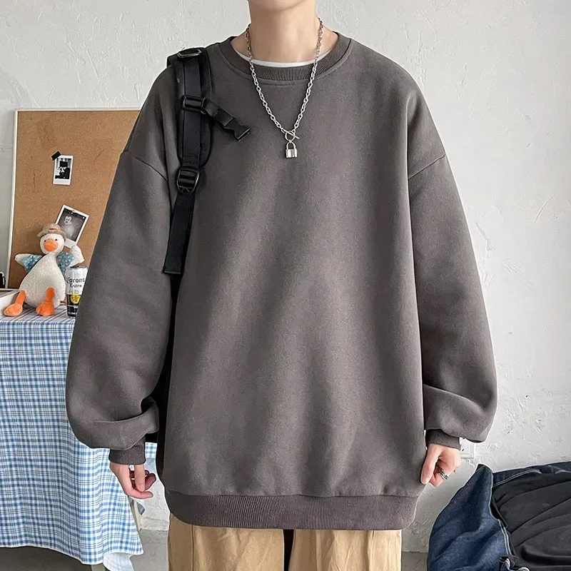 New Hong Kong Style Large Size Solid Round Neck Sweater Pullover Casual Loose Fitting Men's Japanese Long Jacket Men