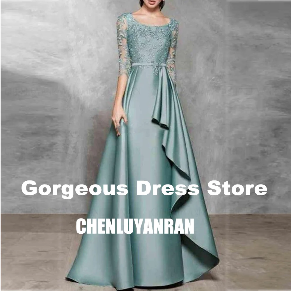 Simple Satin Mother of the Bride Dress O Neck 3/4 Sleeves A-Line Wedding Party Gowns Applique Dress GDS980017