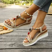 Nouvelles sandales compensées d'été pour femmes, sandales à bout ouvert bohèmes légères et confortables avec bande élastique, sandales à talons hauts plateforme pour femmes 3