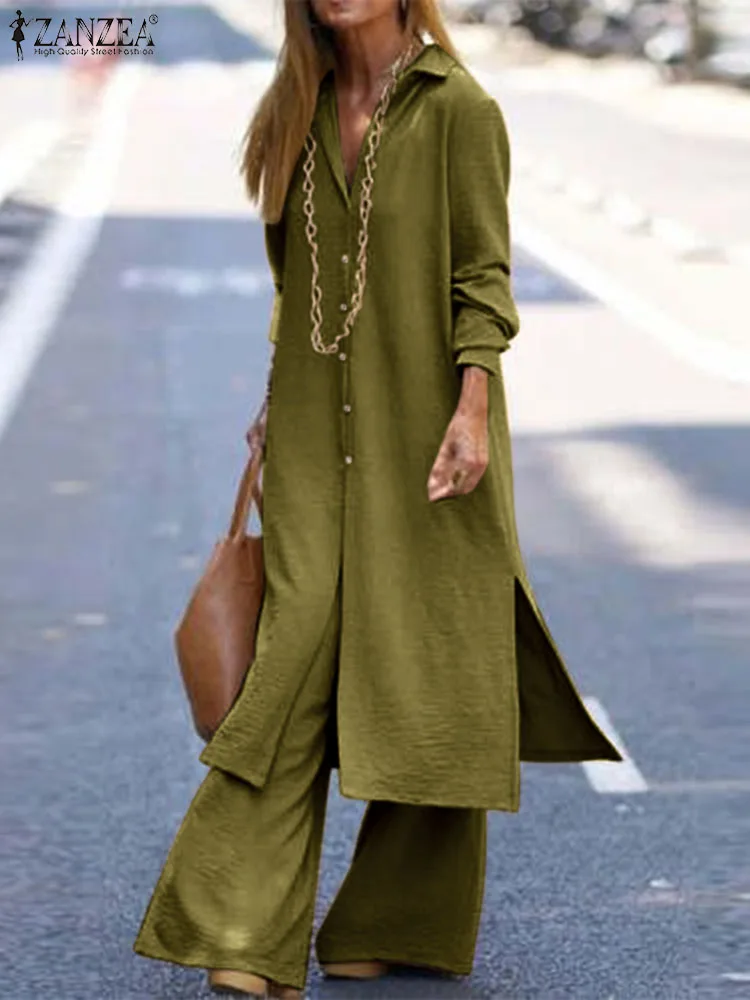 ZANZEA Casual Loose Femme Outfits Women Holiday 2023 Autumn Long Sleeve Shirts Sets Fashion Long Tops and Pants 2 PCS Pant Sets