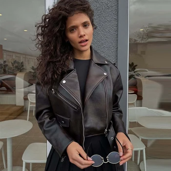 HXAO فو سترة جلدية ملابس خارجية ديمي الموسم البني اقتصاص معطف طويل الأكمام المرأة موتو السائق جاكيت زيبرا معاطف قصيرة 4