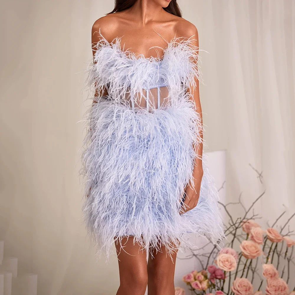 

YALIN Light Blue Feathers Prom Dresses 2022 New Sexy Strapless Backless Short Homecoming Gowns Simple Straight Mini Party Dress