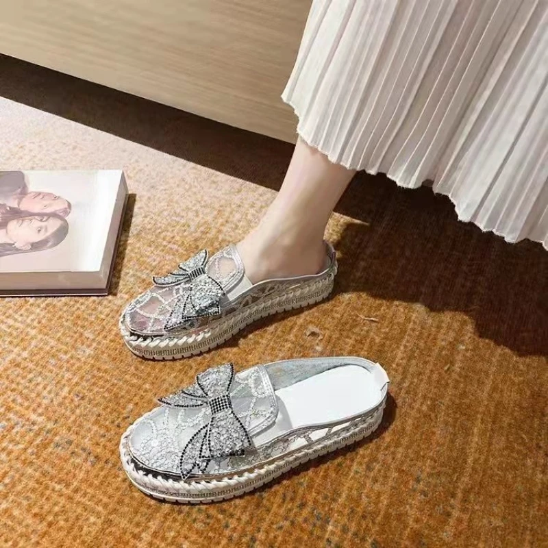 

2023 New Crystals Butterfly-knot Flat Platform Heels Summer Half Slippers Women Shoes Breathable Mesh Slides
