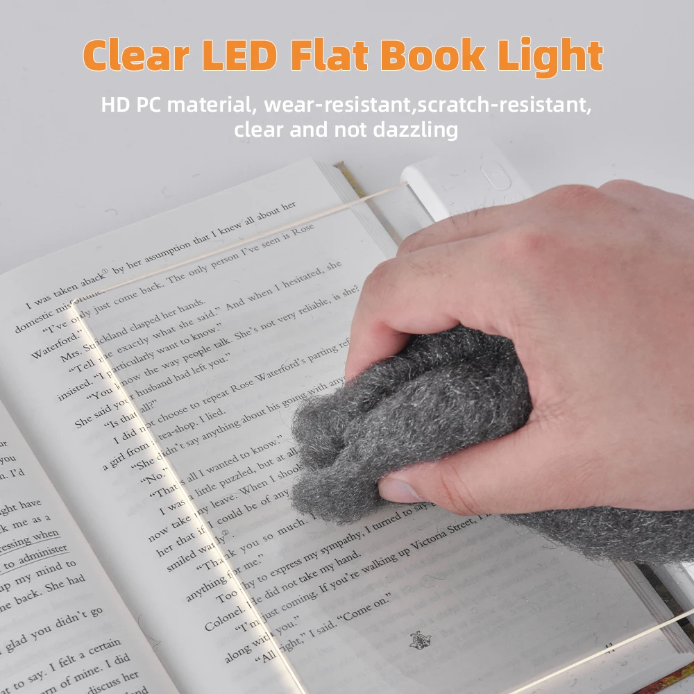 LED 독서등 충전식 투명 LED 플랫 북 라이트 눈 보호 3색 타이머 독서 램프 침대 침실 야간 조명