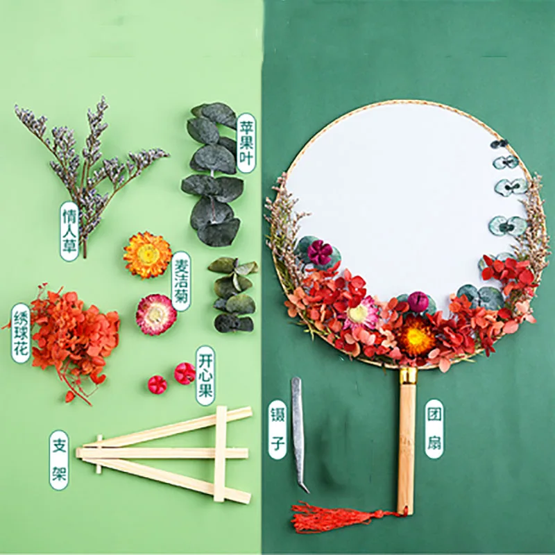 Natural Dried Flowers Fans DIY Kit, Round Painting, Hand Held Fans, Craft Making for Hanfu, Home Decoration, Party, Wedding Gift