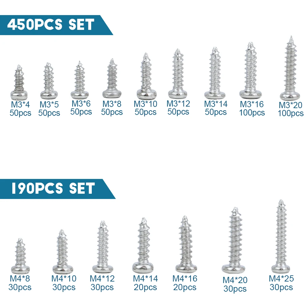 190/450/800/1300pcs Phillips Round Head Self-tapping screw Set M1-M4 Nickel Plated Cross Pan Head Tapping Wood Screw