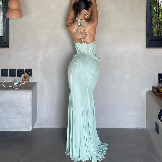 Cryptographic Sexy Halter Butterfly Maxi Dress Outfits Club Party Autumn Gown Cut Out Mesh See Through Bodycon Dresses Clothes 2
