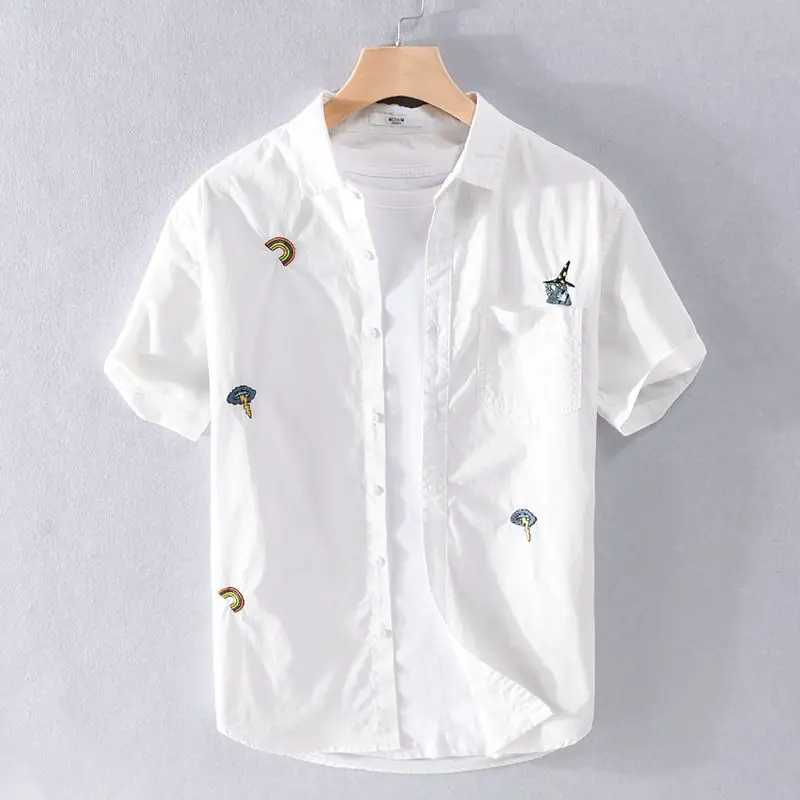 Summer New Turn-down Collar Fashion Short Sleeve Shirt Man High Street Casual Button Cardigan Y2K Printing Pockets Patchwork Top