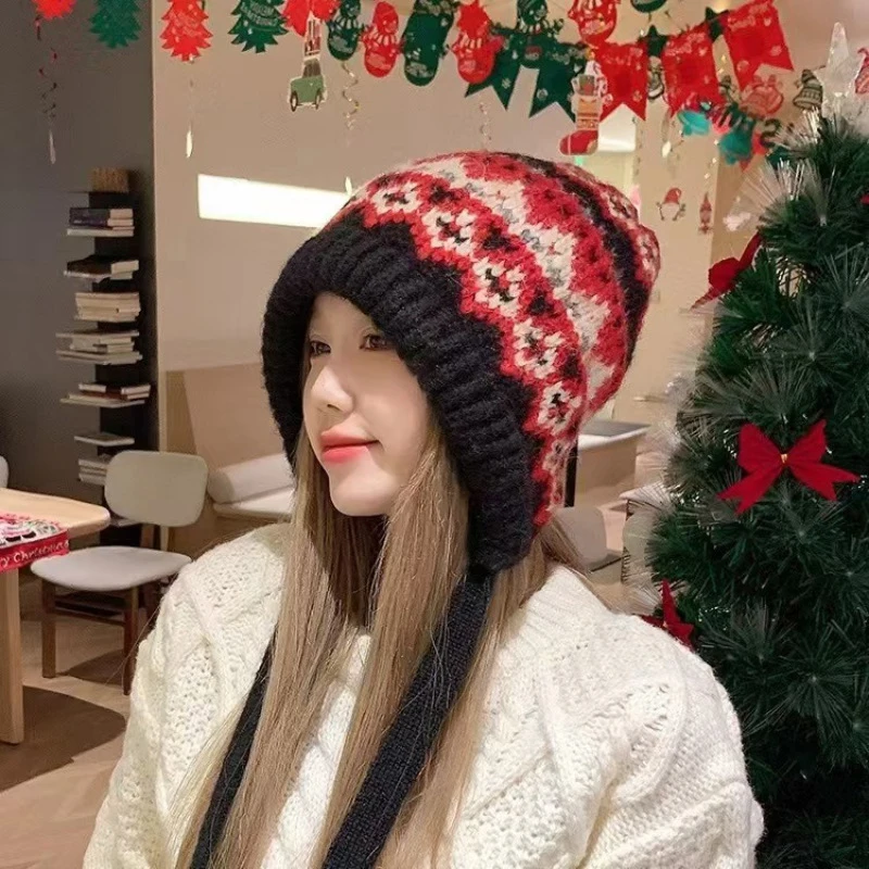 Ethnic Retro Striped Spliced Knitted Hat Autumn Winter Thickened Warm Brimless Ear Protection Woolen Cap Cold Resistant Women