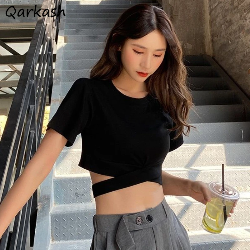 

Кроп-топы, футболки, женские нежные, перекрестные, модные, в стиле хип-хоп, Y2k, универсальные, танцевальные, ольччан, для девушек, однотонные, повседневные, горячие, милые, летние, шикарные