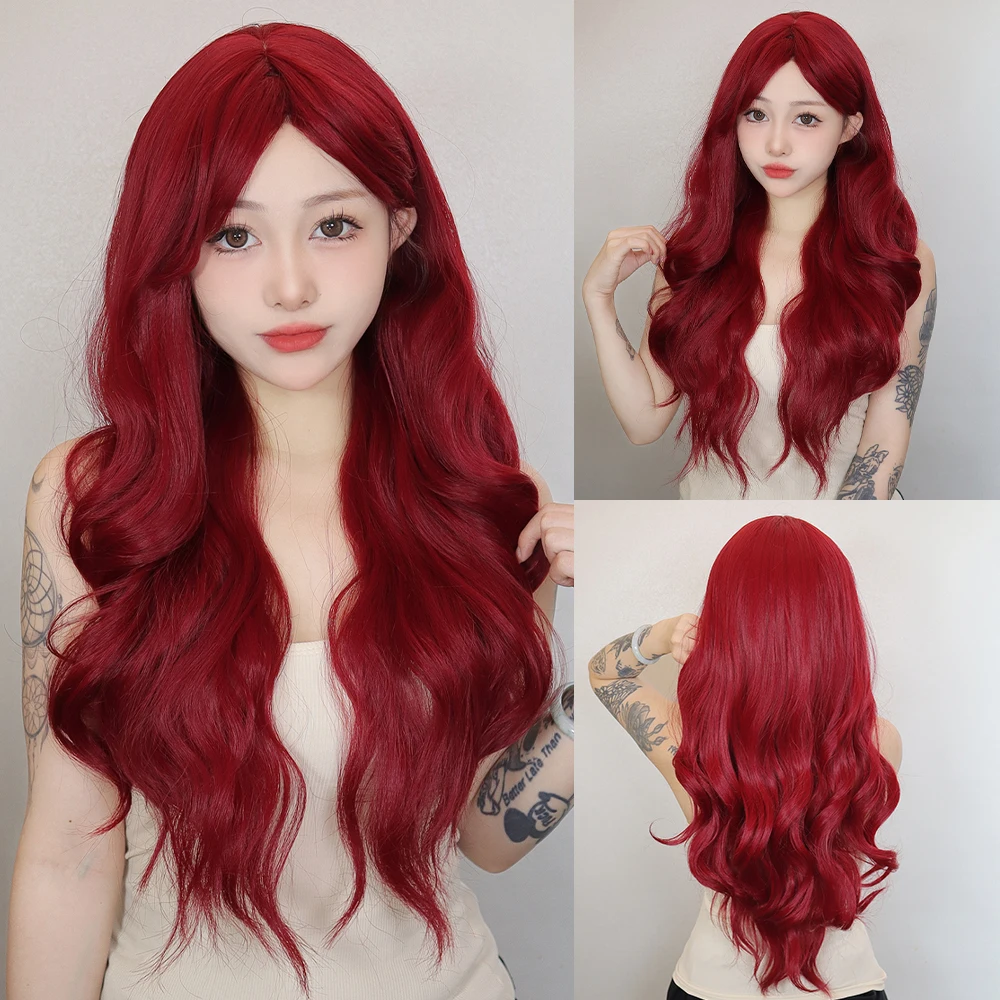 

Red Burgundy Curly Wigs with Bangs Long Colorful Natural Wavy Soft Synthetic Hair for Women Daily Cosplay Use Wig Heat Resistant